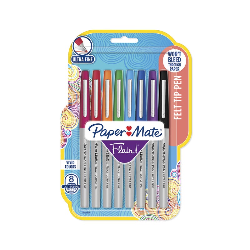 Paper Mate 62145 Flair Felt Tip Pens, Ultra Fine Point (0.4mm), Assorted Colors, 8 Count - Image 1